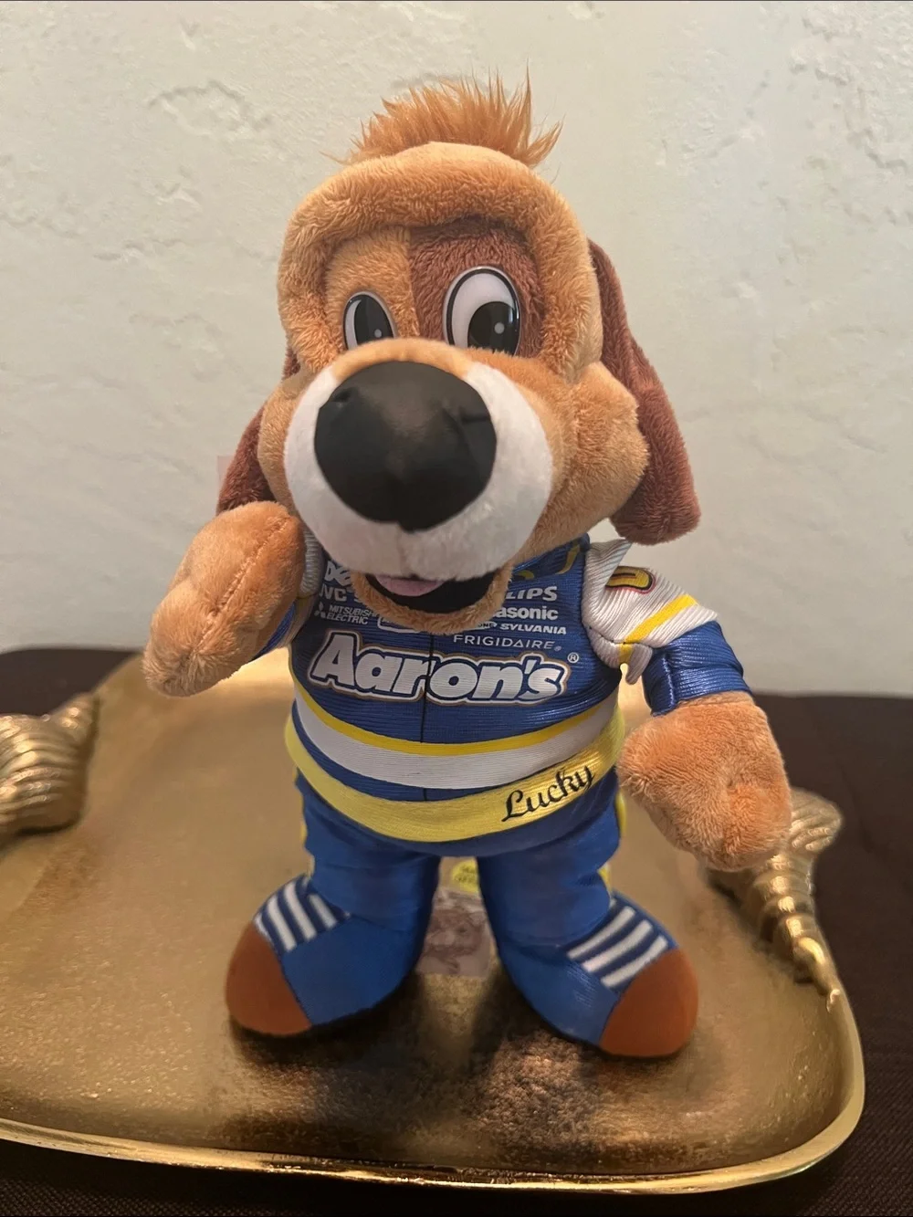 #2091**Lucky Dog Plush Toy in Brown and Blue